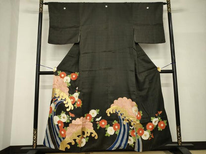 平和屋着物●豪華黒留袖　友禅　刺繍　立波花文　正絹　逸品　AABH9522ck