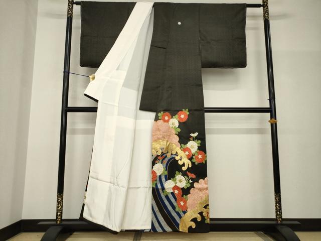 平和屋着物●豪華黒留袖　友禅　刺繍　立波花文　正絹　逸品　AABH9522ck