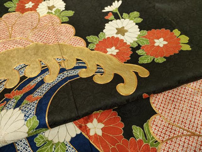 平和屋着物●豪華黒留袖　友禅　刺繍　立波花文　正絹　逸品　AABH9522ck