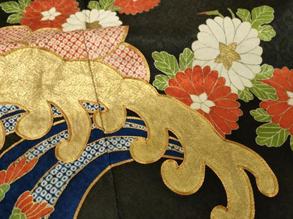 平和屋着物●豪華黒留袖　友禅　刺繍　立波花文　正絹　逸品　AABH9522ck