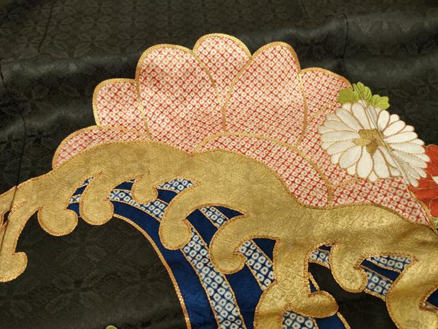 平和屋着物●豪華黒留袖　友禅　刺繍　立波花文　正絹　逸品　AABH9522ck