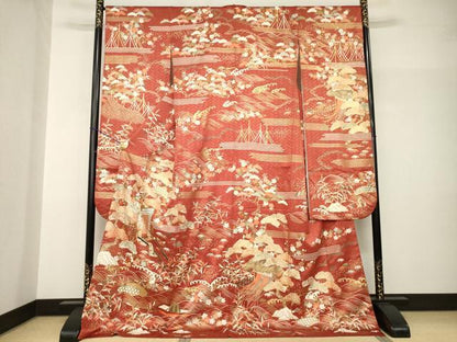 平和屋着物●十日町老舗ブランド　吉澤友禅　吾妻徳穂　振袖　駒刺繍　松竹梅吉祥御所車花文　金彩　ロング丈　正絹　逸品　AABH9526ck