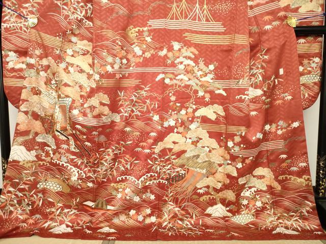 平和屋着物●十日町老舗ブランド　吉澤友禅　吾妻徳穂　振袖　駒刺繍　松竹梅吉祥御所車花文　金彩　ロング丈　正絹　逸品　AABH9526ck