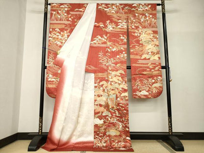 平和屋着物●十日町老舗ブランド　吉澤友禅　吾妻徳穂　振袖　駒刺繍　松竹梅吉祥御所車花文　金彩　ロング丈　正絹　逸品　AABH9526ck