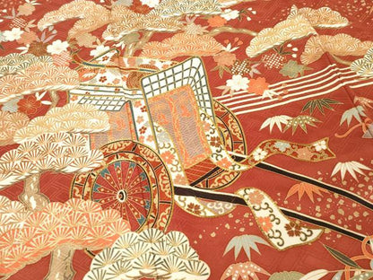 平和屋着物●十日町老舗ブランド　吉澤友禅　吾妻徳穂　振袖　駒刺繍　松竹梅吉祥御所車花文　金彩　ロング丈　正絹　逸品　AABH9526ck