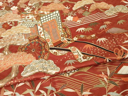 平和屋着物●十日町老舗ブランド　吉澤友禅　吾妻徳穂　振袖　駒刺繍　松竹梅吉祥御所車花文　金彩　ロング丈　正絹　逸品　AABH9526ck