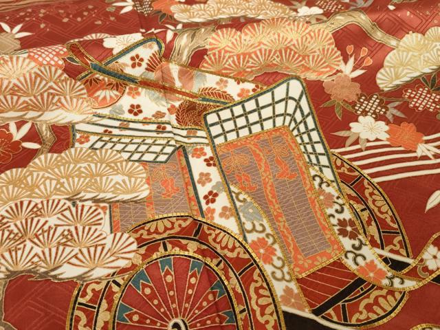 平和屋着物●十日町老舗ブランド　吉澤友禅　吾妻徳穂　振袖　駒刺繍　松竹梅吉祥御所車花文　金彩　ロング丈　正絹　逸品　AABH9526ck