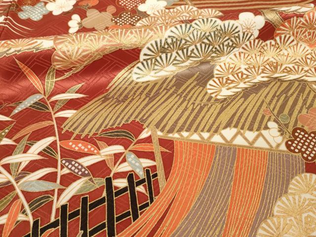 平和屋着物●十日町老舗ブランド　吉澤友禅　吾妻徳穂　振袖　駒刺繍　松竹梅吉祥御所車花文　金彩　ロング丈　正絹　逸品　AABH9526ck