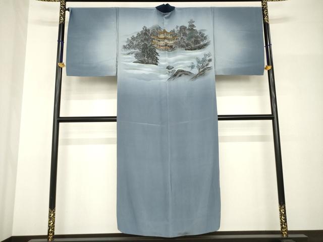 平和屋着物●男性　長襦袢　袷　手描き　風景文　金彩　正絹　逸品　AABH9528ck