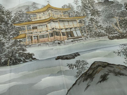 平和屋着物●男性　長襦袢　袷　手描き　風景文　金彩　正絹　逸品　AABH9528ck