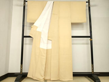 平和屋着物●本加賀友禅作家　藤村加泉　色無地　霞地紋　杏色　正絹　逸品　AABH9529ck