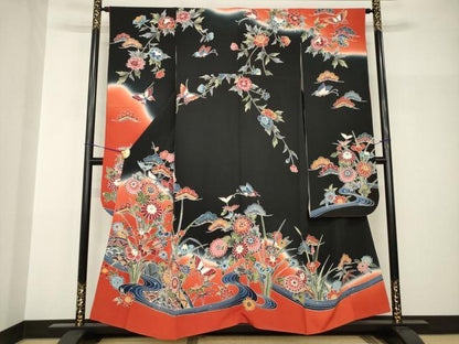 平和屋着物●豪華振袖　紅型　流水花蝶籬文　黒地　正絹　逸品　AABH9530ck