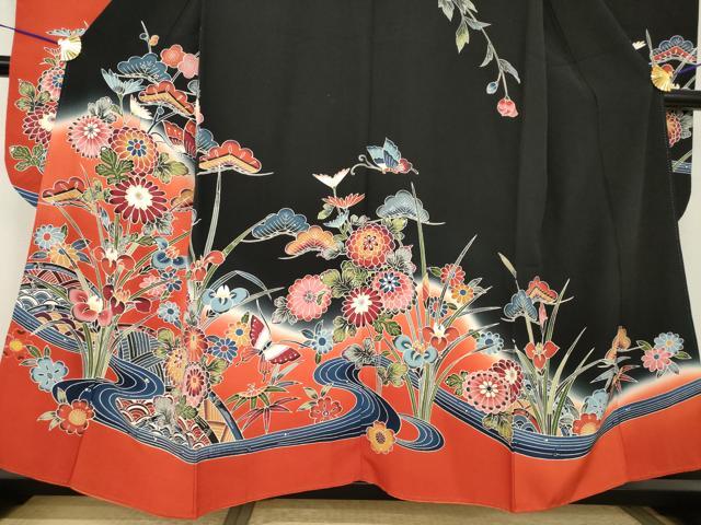 平和屋着物●豪華振袖　紅型　流水花蝶籬文　黒地　正絹　逸品　AABH9530ck