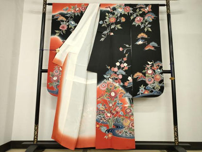 平和屋着物●豪華振袖　紅型　流水花蝶籬文　黒地　正絹　逸品　AABH9530ck