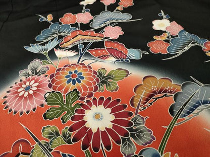 平和屋着物●豪華振袖　紅型　流水花蝶籬文　黒地　正絹　逸品　AABH9530ck