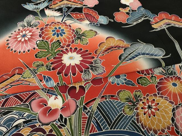 平和屋着物●豪華振袖　紅型　流水花蝶籬文　黒地　正絹　逸品　AABH9530ck