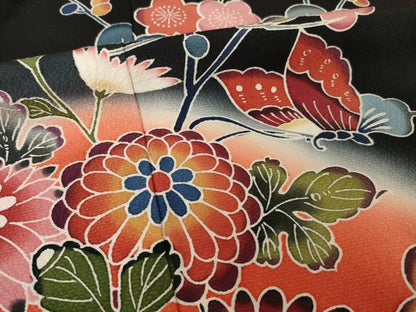 平和屋着物●豪華振袖　紅型　流水花蝶籬文　黒地　正絹　逸品　AABH9530ck