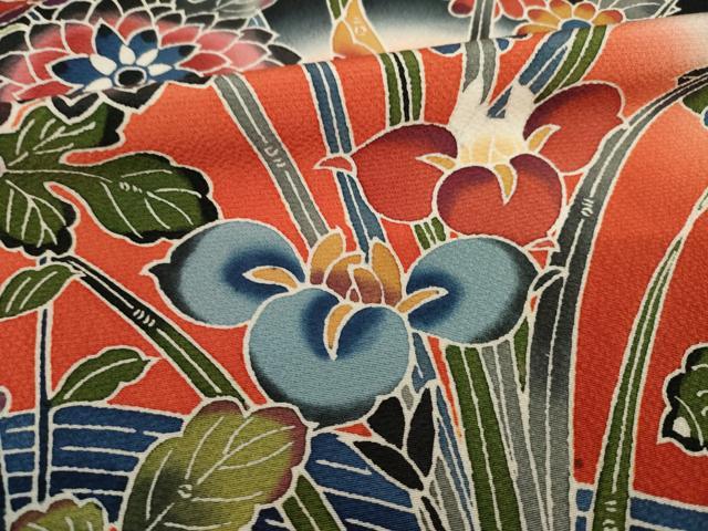 平和屋着物●豪華振袖　紅型　流水花蝶籬文　黒地　正絹　逸品　AABH9530ck