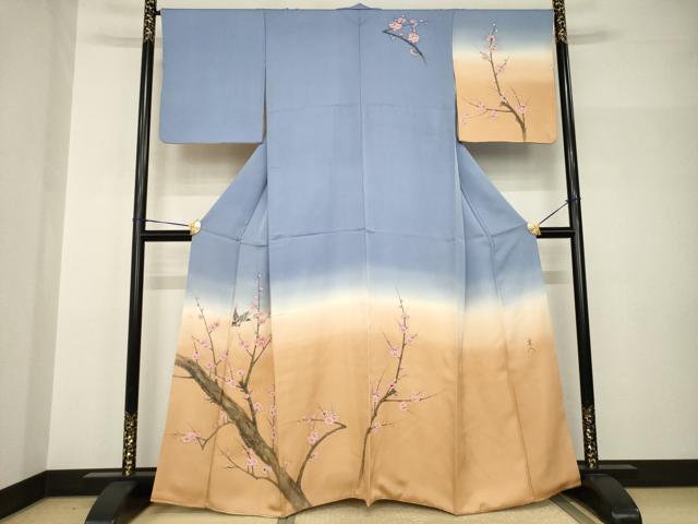 平和屋着物●訪問着　作家物　手描き　花鳥文　暈し染め　正絹　逸品　AABH9531ck