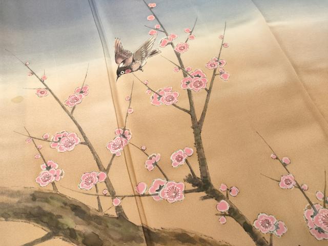 平和屋着物●訪問着　作家物　手描き　花鳥文　暈し染め　正絹　逸品　AABH9531ck