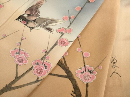 平和屋着物●訪問着　作家物　手描き　花鳥文　暈し染め　正絹　逸品　AABH9531ck