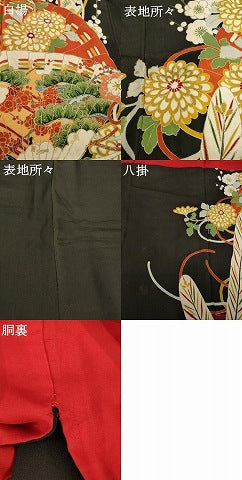 平和屋本店●アンティーク　大正ロマン　黒留袖　駒刺繍　扇面花文　金彩　正絹　逸品　AABH9532ck