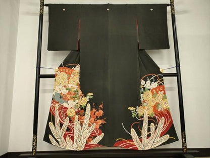 平和屋本店●アンティーク　大正ロマン　黒留袖　駒刺繍　扇面花文　金彩　正絹　逸品　AABH9532ck