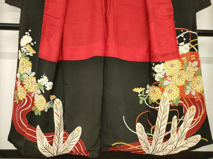 平和屋本店●アンティーク　大正ロマン　黒留袖　駒刺繍　扇面花文　金彩　正絹　逸品　AABH9532ck