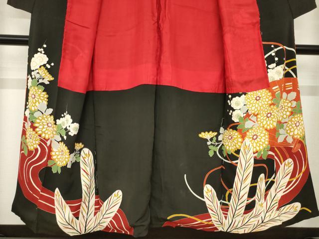平和屋本店●アンティーク　大正ロマン　黒留袖　駒刺繍　扇面花文　金彩　正絹　逸品　AABH9532ck