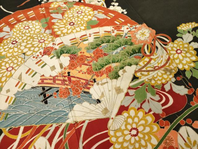 平和屋本店●アンティーク　大正ロマン　黒留袖　駒刺繍　扇面花文　金彩　正絹　逸品　AABH9532ck