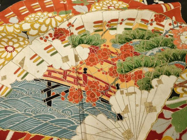 平和屋本店●アンティーク　大正ロマン　黒留袖　駒刺繍　扇面花文　金彩　正絹　逸品　AABH9532ck