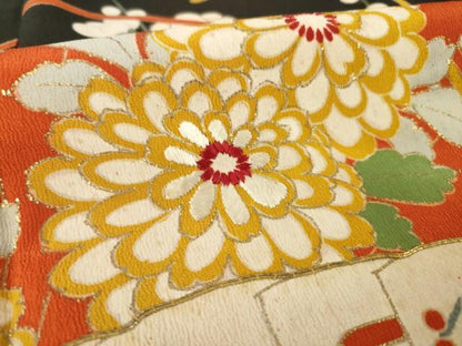 平和屋本店●アンティーク　大正ロマン　黒留袖　駒刺繍　扇面花文　金彩　正絹　逸品　AABH9532ck