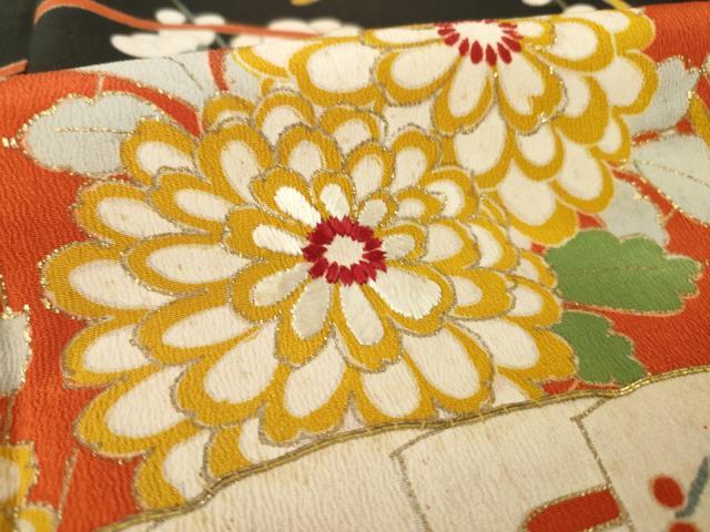 平和屋本店●アンティーク　大正ロマン　黒留袖　駒刺繍　扇面花文　金彩　正絹　逸品　AABH9532ck