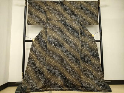 平和屋着物●上質な小紋　絞り　黒地　金彩　ロング丈　正絹　逸品　AABH9539ck