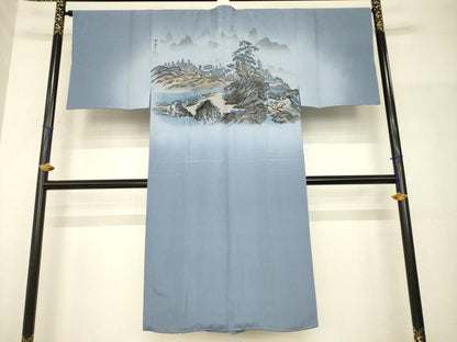 平和屋着物●男性　長襦袢　袷　手描き　風景文　正絹　逸品　AABH9542ck