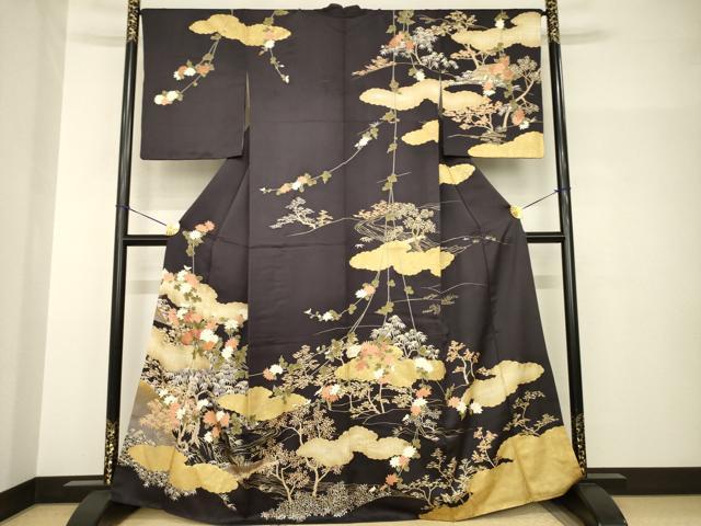 平和屋着物●訪問着　駒刺繍　雲重ね枝花文　金彩　正絹　逸品　AABH9544ck