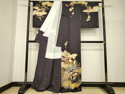 平和屋着物●訪問着　駒刺繍　雲重ね枝花文　金彩　正絹　逸品　AABH9544ck