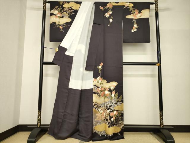 平和屋着物●訪問着　駒刺繍　雲重ね枝花文　金彩　正絹　逸品　AABH9544ck