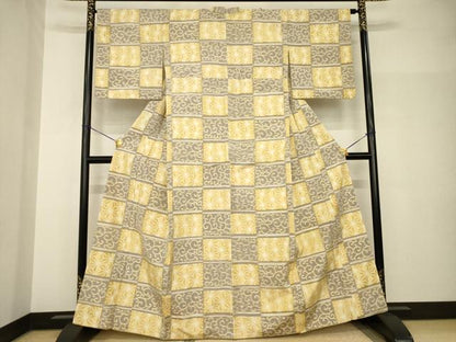 平和屋着物●上質な紬　市松麻の葉唐草文　正絹　逸品　AABH9551ck