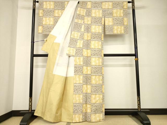 平和屋着物●上質な紬　市松麻の葉唐草文　正絹　逸品　AABH9551ck