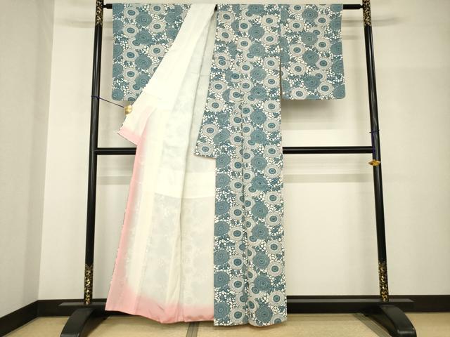 平和屋着物●上質な小紋　型染め　花唐草文　藍　丹後ちりめん　反端付き　正絹　逸品　AABH9552ck