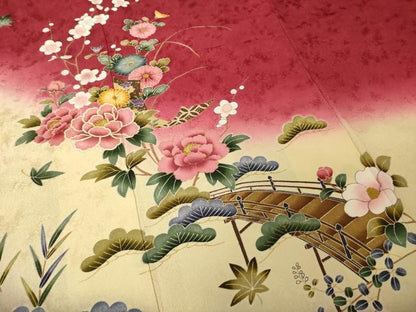 平和屋着物●豪華振袖　渡り橋花文　暈し染め　金彩　正絹　逸品　未使用　AABH9569ck