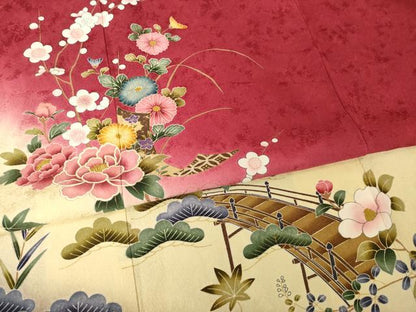 平和屋着物●豪華振袖　渡り橋花文　暈し染め　金彩　正絹　逸品　未使用　AABH9569ck