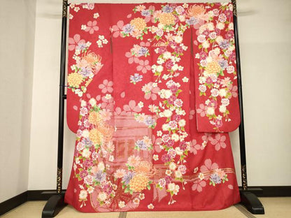 平和屋着物●H・L（アッシュエル）　HENRI-LUC CHAPUIS　振袖　風景花文　金彩　洗える着物　AABH9573ck