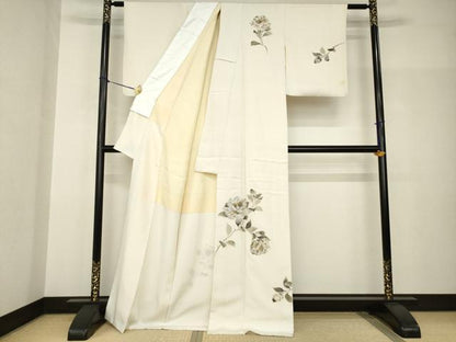平和屋着物●訪問着　手描き　刺繍　枝花文　金彩　正絹　逸品　AABH9576ck