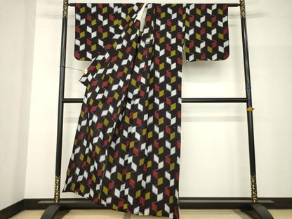 平和屋着物●久留米絣　単衣　幾何学文様　綿　逸品　AABH9594ck