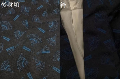 平和屋着物●上質な小紋　藍　舞扇文　正絹　逸品　未使用　AABH9602ph