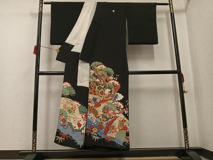 平和屋着物●アンティーク　大正ロマン　黒留袖　松竹梅飛鶴御所車扇面文　両褄　正絹　逸品　AABH9603ph