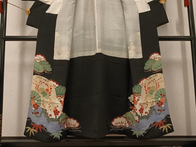 平和屋着物●アンティーク　大正ロマン　黒留袖　松竹梅飛鶴御所車扇面文　両褄　正絹　逸品　AABH9603ph