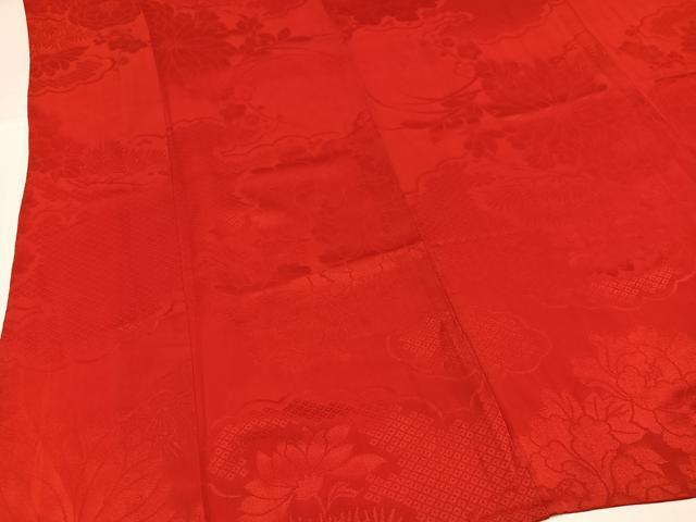 平和屋着物●アンティーク　大正ロマン　振袖用長襦袢　単衣　色無地　草花地紋　赤丹色　広衿仕立て　正絹　逸品　AABH9607ph